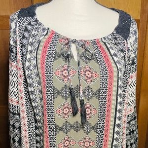 Dress Barn Peasant Blouse - Olive, Black and Pink - Sz. 1X